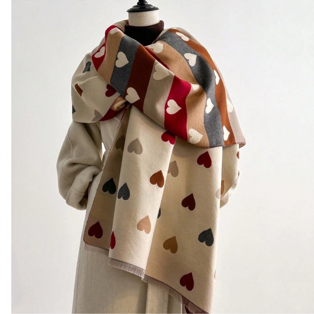 Cozy Hand Knit Heart Print Reversible Large Scarf